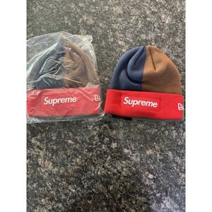 NWT Supreme New Era Color Block Red Box Logo Beanie Knit Hat FW24 DS AUTHENTIC